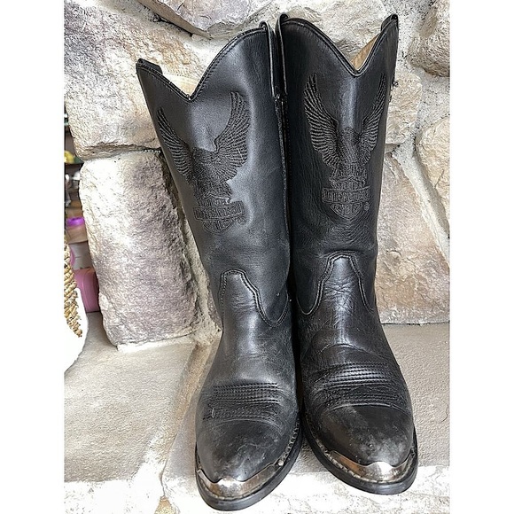 VTG Harley Davidson Men’s Black Leather Biker Cowboy Boots Sz 8M 1996 Eagle Logo - Picture 1 of 16